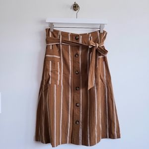 Striped Tie Waist Button Rust Linen Midi Skirt